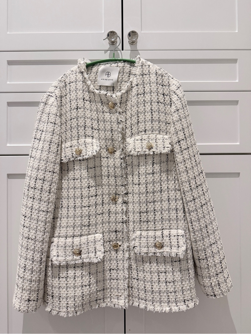 Anine Bing Ivory and Black Tweed Pocket Blazer with Gold Buttons